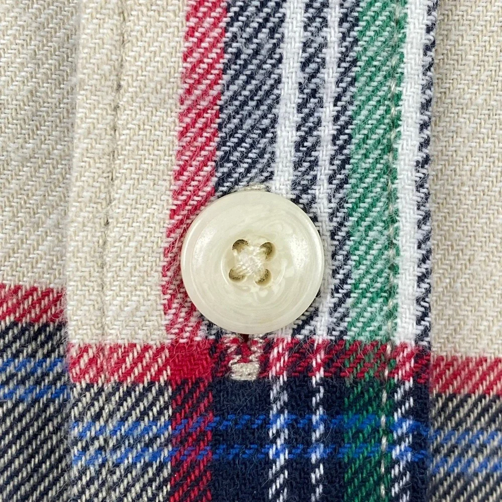 Lucky Brand Mens XL Shirt Cream Red Green Plaid Classic Fit Flannel Button Down
